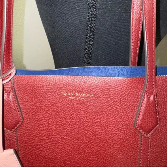 Tory Burch Ella Tote Burgundy Leather w/ Blue Interior Work School Bag - Picture 3 of 8